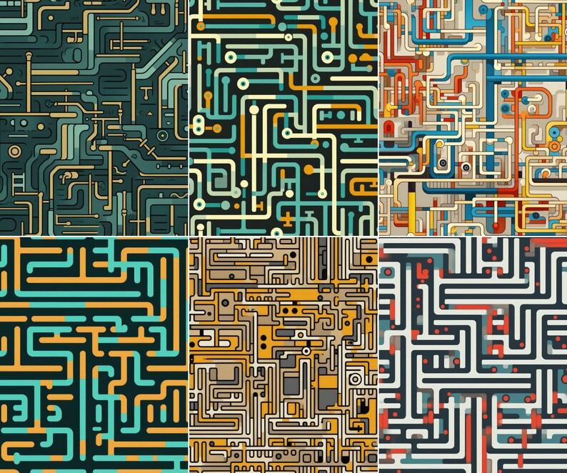 Abstract Circuit Maze Labyrinth Patterns Colorful Seamless Pack 1 - Etsy