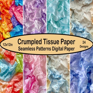 May include: A collage of 24 digital paper designs featuring crumpled tissue paper in various colors, including blue, pink, purple, green, yellow, and white. Each design is 12x12 inches.
