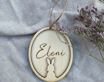 Wooden pendant with rabbit silhouette for Easter, names can be personalized