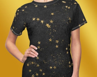 Women's Gold Stars on Black Celestial Design Tee. An ideal gift for the stargazer in your life!