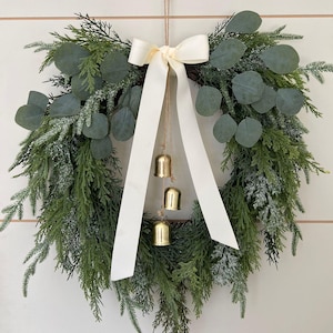 Farmhouse Christmas Wreath | Norfolk Pine and Juniper Wreath with Eucalyptus | Champagne Ribbon and Silver Bells | Winter Front Door Decor