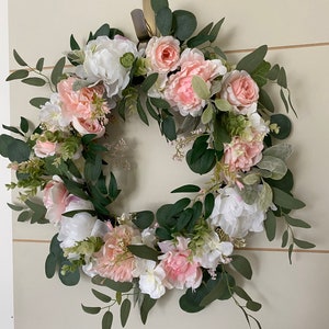 Peony and Roses Wreath | Spring Summer Floral Door Hanger | Indoor Outdoor Wreath | Eucalyptus & Greenery Home Decor | Romantic Wreath