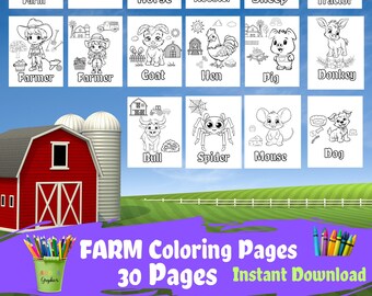 30 農場のぬり絵、農場の動物のぬり絵、子供の農場
