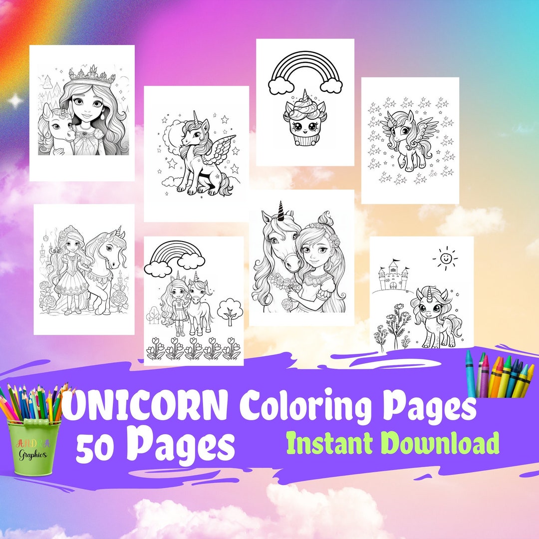50 Unicorn Coloring Pages, Fun Unicorn Coloring Pages. - Etsy
