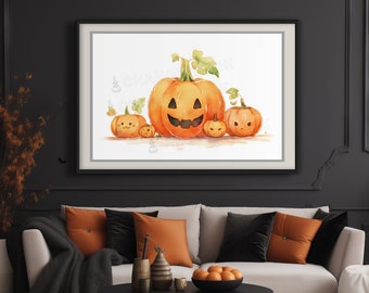 Cute pumpkins, jack-o'-lanterns with emoji faces, printable art for Halloween, cozy textured watercolor style