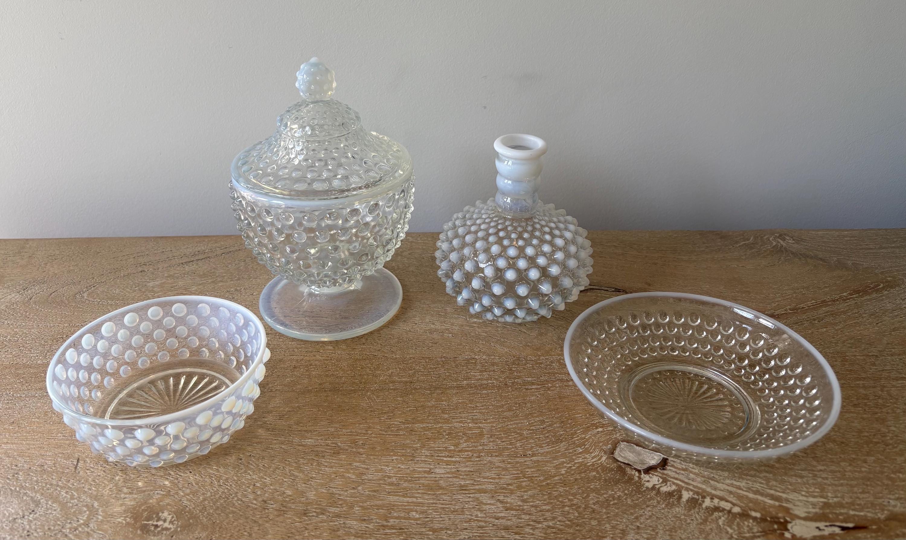 Vintage Fenton Glass Moonstone Opalescent Hobnail Candy Dish and Vase