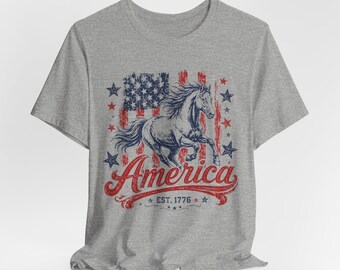 Camiseta con la bandera de Estados Unidos y caballos / Estilo patriótico vintage de EE. UU. de 1776