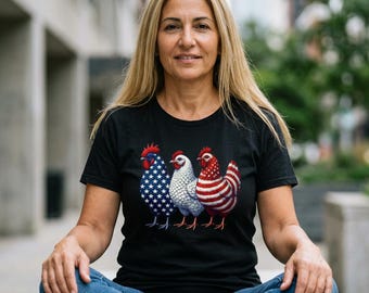 Camiseta con diseño de gallinas patrióticas / Gallo con la bandera estadounidense