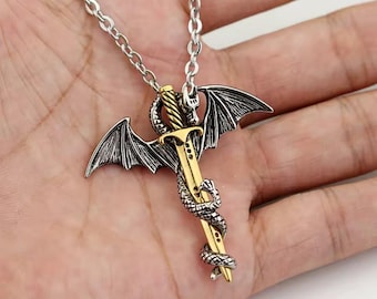 Drachenschwert Halskette | Geflügelter Drache Anhänger | Fantasy Gothic Schmuck | Mittelalterliches Statement Länge 50 cm