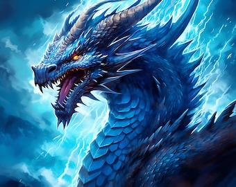 Blue Dragon Art Print, Fantasy Wall Decor (Digital Download)