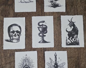 Unframed Vintage gothic ink prints 4x6" on frayed edge cream parchment paper