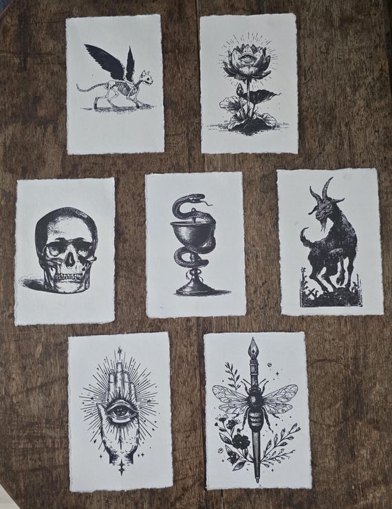 Unframed Vintage gothic ink prints 4x6" on frayed edge cream parchment paper