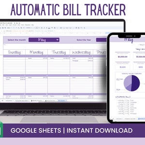 以下が含まれることがあります： ラップトップと携帯電話のGoogleスプレッドシートのスクリーンショット。スプレッドシートは、カレンダービューと今後の請求書のためのセクションを持つ請求書トラッカーです。スプレッドシートのタイトルは「Automatic Bill Tracker」です。