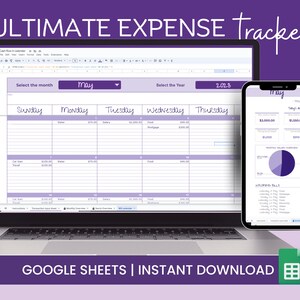 以下が含まれることがあります： ラップトップとスマートフォンは、デジタル経費トラッカーを表示しています。ラップトップの画面には5月のスプレッドシートが表示され、スマートフォンには円グラフが表示されます。「ULTIMATE EXPENSE Tracker」と「GOOGLE SHEETS | INSTANT DOWNLOAD」というテキストが表示されています。