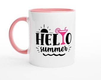 Hello Summer Cocktail Ceramic Mug | Black & Pink Summer Theme Ceramic Mug