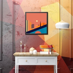 Abstraktes Stadtbild Sonnenuntergang Geometrischer Quadratischer Leinwanddruck
