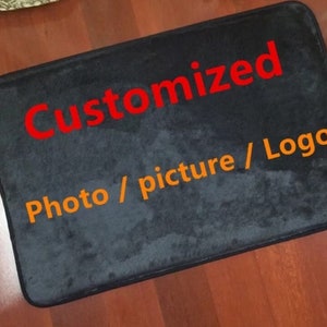 May include: Black doormat with the text "Customized" in red and "Photo / picture / Logo" in orange.