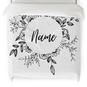 Personalized Floral Duvet Cover & Pillowcases | Custom Name Printed Black White Bedding Set