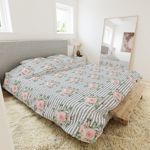 Floral Striped Duvet Cover & Pillowcase Set | Retro Watercolor Rose Design Cover Set