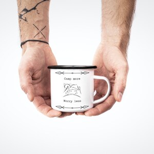 Camping Travel Enamel Mug | &#39;Camp More Worry Less&#39; White Enamel Mug