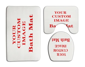 May include: A three-piece bathroom rug set with a white background and red text. The text reads "Your Custom Image Bath Mat".