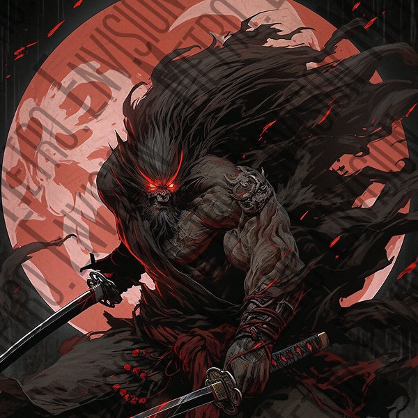 Gritty Horror Comics: Samurai with Sword and Mask in Front of Full Moon