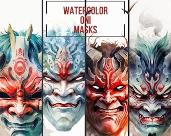 20 Demonic Oni Watercolor Masks | Japanese Mythology Inspired | White Background | PNG | Commercial Use | 300 DPI