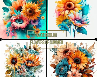 Vibrant Watercolor Sunflowers and Daisies Bouquet | Clipart | Summer Vibes | Blissful and Happy Mood | 300 DPI | PNG | 2 extra bonus images