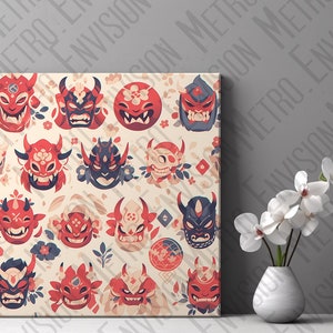 Ferocious Yet Cute Cartoon Japanese Mythology Masks Digital Paper - Cute oni masks - Anime Oni masks - Tile / Pattern / Digital Paper