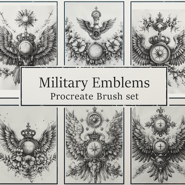 Plus de 20 emblèmes de grade militaire | Style de tatouage | Noir et blanc | Haute qualité | 4K | 300 ppp | Ensemble de pinceaux procréer