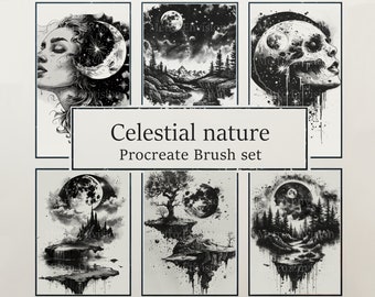 Más de 20 pinceles digitales de naturaleza salvaje, espacio y celestiales, estilo de tatuaje creativo salvaje, pincel de sello Procreate, dibujo con carboncillo, 300 DPI, 4K