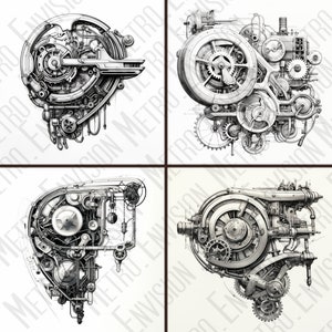 Pode incluir: Quatro ilustra&ccedil;&otilde;es detalhadas em tons de cinza de componentes mec&acirc;nicos em estilo steampunk. Cada imagem apresenta engrenagens, tubos e m&aacute;quinas intrincadas, com foco em design industrial e desenhos t&eacute;cnicos. As imagens est&atilde;o em um fundo branco.
