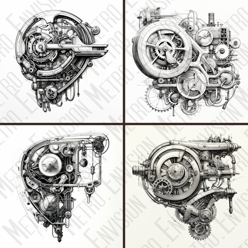 Pode incluir: Quatro ilustra&ccedil;&otilde;es detalhadas em tons de cinza de componentes mec&acirc;nicos em estilo steampunk. Cada imagem apresenta engrenagens, tubos e m&aacute;quinas intrincadas, com foco em design industrial e desenhos t&eacute;cnicos. As imagens est&atilde;o em um fundo branco.