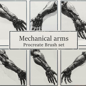 20 Mechanical Arms Procreate Stamp Brush set | Charcoal art | Tattoo styled | 300DPI | 4k