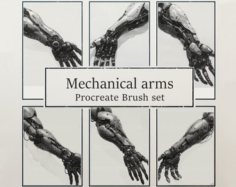 Pode incluir: Um conjunto de seis ilustrações em preto e branco de braços mecânicos em diferentes poses. As ilustrações são rotuladas como "Mechanical arms Procreate Brush set".