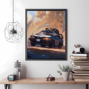 Vintage 90&#39;s Car Rally Racing Art Print | Blue and White Racing Car Poster | Digital File | Ready to Print