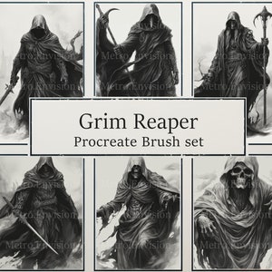 May include: A set of six digital brushes for the Procreate app, featuring various depictions of the Grim Reaper in black and white. The brushes are designed to create realistic and dramatic illustrations.