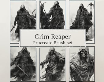 Pode incluir: Um conjunto de seis pincéis digitais para o aplicativo Procreate, apresentando várias representações da Morte em preto e branco. Os pincéis são projetados para criar ilustrações realistas e dramáticas.