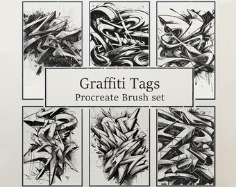 Pode incluir: Um conjunto de seis pincéis digitais preto e branco para Procreate, com tags de grafite. Os pincéis são projetados para criar arte de grafite realista.