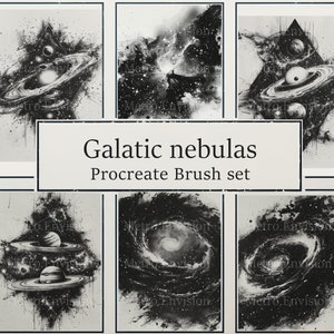 May include: A set of six black and white digital brushes for Procreate, featuring galaxy and nebula designs. The brushes are designed to create realistic space scenes with planets, stars, and swirling nebulas.