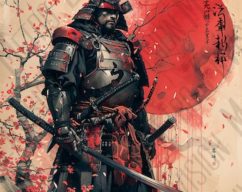 May include: A samurai warrior in full armor stands against a red sun and cherry blossom background. The warrior holds two swords and wears a helmet with horns. The Japanese text reads "The Way of the Warrior".