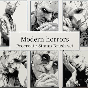 Può includere: Un set di stampe d'arte digitale con sei illustrazioni in bianco e nero di figure horror stilizzate. Le immagini includono figure con bende, occhiali e maschere. Il testo recita "Modern horrors Procreate Stamp Brush set."