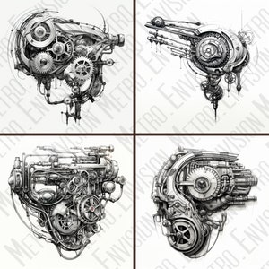 Pode incluir: Quatro ilustra&ccedil;&otilde;es detalhadas em preto e branco de componentes mec&acirc;nicos em estilo steampunk. Cada imagem apresenta engrenagens, tubos e outros elementos industriais intrincados, criando um design complexo. A obra de arte est&aacute; em um fundo branco.