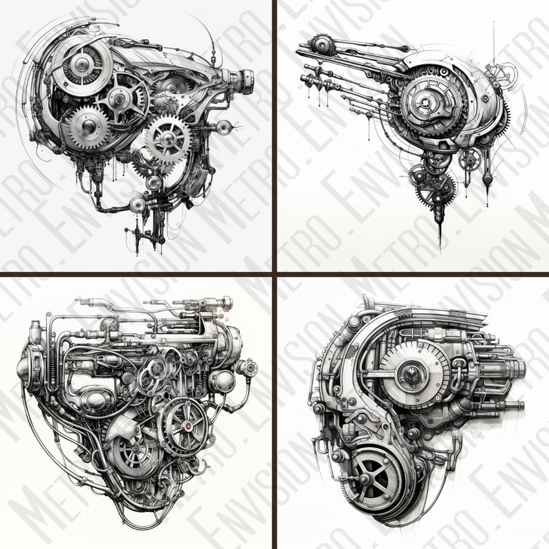 Pode incluir: Quatro ilustra&ccedil;&otilde;es detalhadas em preto e branco de componentes mec&acirc;nicos em estilo steampunk. Cada imagem apresenta engrenagens, tubos e outros elementos industriais intrincados, criando um design complexo. A obra de arte est&aacute; em um fundo branco.
