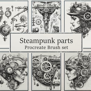 Pode incluir: Um conjunto de nove ilustrações em preto e branco de peças steampunk, incluindo engrenagens, pinhões e outros elementos mecânicos. As ilustrações estão dispostas em uma grade e são rotuladas como "Steampunk parts Procreate Brush set".