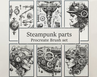 Pode incluir: Um conjunto de nove ilustrações em preto e branco de peças steampunk, incluindo engrenagens, pinhões e outros elementos mecânicos. As ilustrações estão dispostas em uma grade e são rotuladas como "Steampunk parts Procreate Brush set".