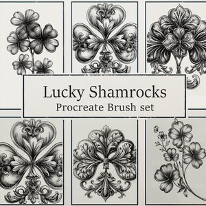May include: A set of six black and white shamrock illustrations for use as Procreate brushes. The illustrations feature different styles of shamrocks, including traditional, ornate, and stylized.