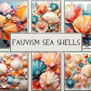 20 Fauvismo Conchas Clipart / Rosa, Turquesa, Naranja Vibrante, Colores Coral / Fondo Blanco / 300 DPI / PNG