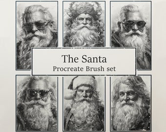 Puede incluir: Un conjunto de seis ilustraciones en blanco y negro de Papá Noel en diferentes poses. Las ilustraciones están en un conjunto de pinceles Procreate llamado "The Santa".