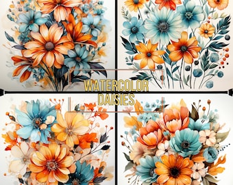 20 Vibrant Watercolor Daisies Clipart | Yellow, Orange, Coral | Summer Vibes | Blissful and Happy Mood |  Turquoise Colors | 300 DPI | PNG